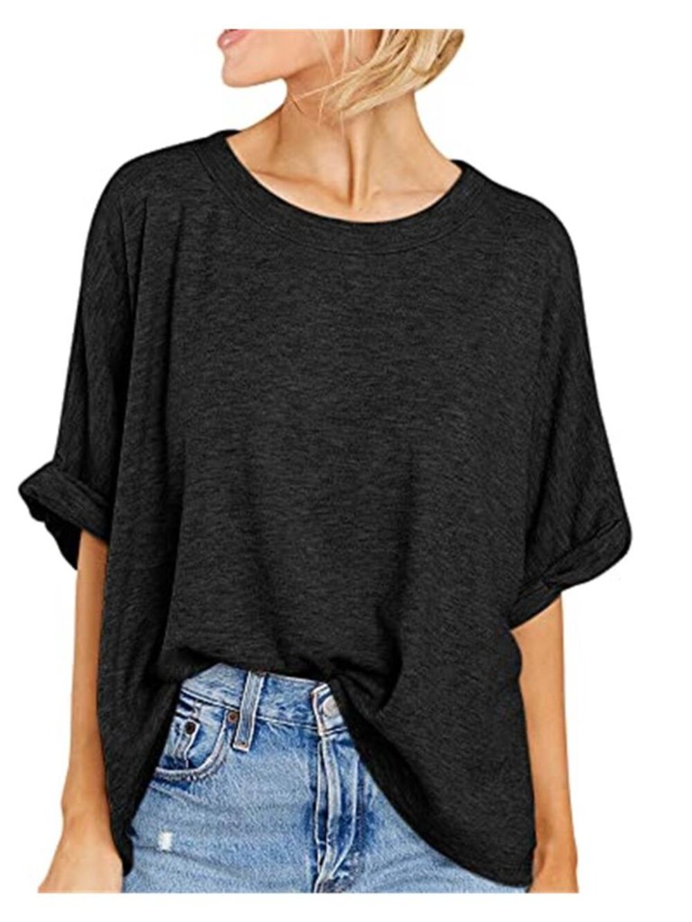 Womens Plus Size T Shirt Crew Neck Rolled Sleeve Casual Basic Stretch Tee Top